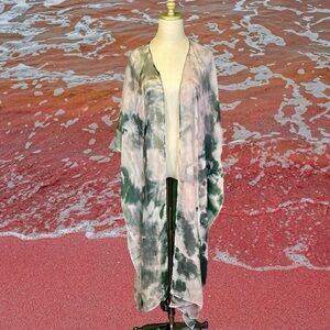 NWOT SukiSo Gray & Pink Tie Dye Print Sheer Kimono Coverup One Size Fits Most